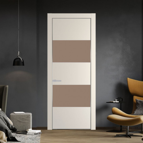 Межкомнатная дверь ProfilDoors 22 PE с вставкой из стекла монохром капучино Кремовая Магнолия с алюминиевой кромкой Серебро