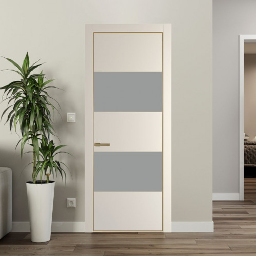 Межкомнатная дверь ProfilDoors 22 PE с вставкой из стекла монохром серый Кремовая Магнолия с алюминиевой кромкой Золото