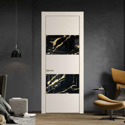 Межкомнатная дверь ProfilDoors 22 PE с вставкой из стекла нефи черный узор золото Кремовая Магнолия с алюминиевой кромкой Никель