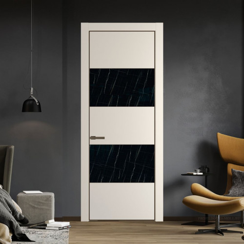 Межкомнатная дверь ProfilDoors 22 PE с вставкой из стекла неро мрамор Кремовая Магнолия с алюминиевой кромкой Деорэ
