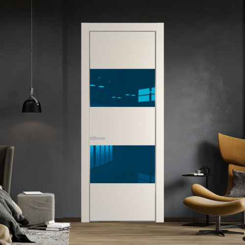 Межкомнатная дверь ProfilDoors 22 PE с вставкой из стекла зеркало blue Кремовая Магнолия с алюминиевой кромкой Серебро