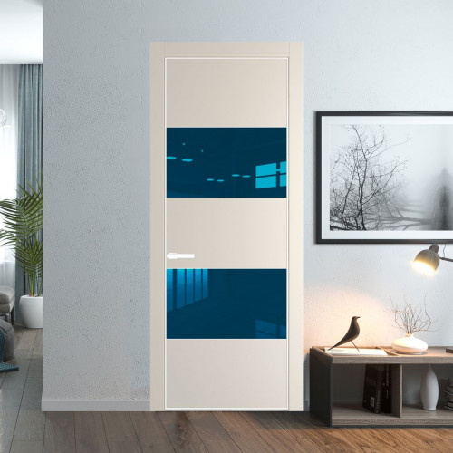 Межкомнатная дверь ProfilDoors 22 PE с вставкой из стекла зеркало blue Кремовая Магнолия с алюминиевой кромкой Вайт