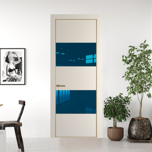 Межкомнатная дверь ProfilDoors 22 PE с вставкой из стекла зеркало blue Кремовая Магнолия с алюминиевой кромкой Золото