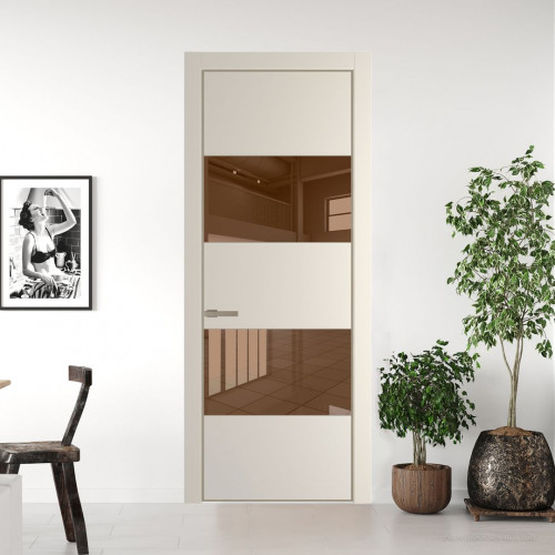 Межкомнатная дверь ProfilDoors 22 PE с вставкой из стекла зеркало bronze Кремовая Магнолия с алюминиевой кромкой Никель