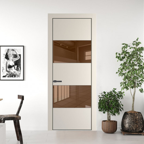 Межкомнатная дверь ProfilDoors 22 PE с вставкой из стекла зеркало bronze Кремовая Магнолия с алюминиевой кромкой Серая Ночь