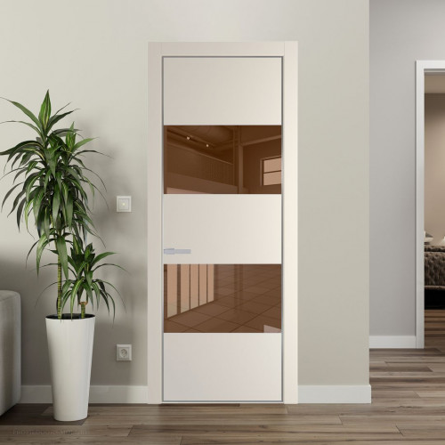Межкомнатная дверь ProfilDoors 22 PE с вставкой из стекла зеркало bronze Кремовая Магнолия с алюминиевой кромкой Серебро