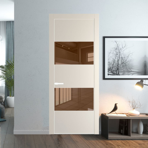 Межкомнатная дверь ProfilDoors 22 PE с вставкой из стекла зеркало bronze Кремовая Магнолия с алюминиевой кромкой Вайт
