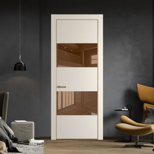 Межкомнатная дверь ProfilDoors 22 PE с вставкой из стекла зеркало bronze Кремовая Магнолия с алюминиевой кромкой Золото