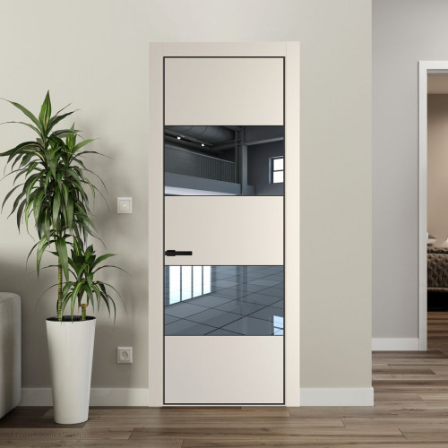 Межкомнатная дверь ProfilDoors 22 PE с вставкой из стекла зеркало Кремовая Магнолия с алюминиевой кромкой Черный
