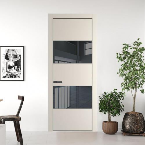 Межкомнатная дверь ProfilDoors 22 PE с вставкой из стекла зеркало grey Кремовая Магнолия с алюминиевой кромкой Серая Ночь