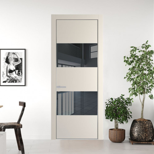 Межкомнатная дверь ProfilDoors 22 PE с вставкой из стекла зеркало grey Кремовая Магнолия с алюминиевой кромкой Серебро