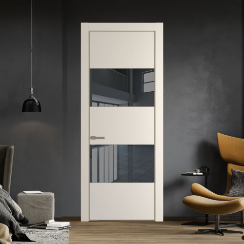 Межкомнатная дверь ProfilDoors 22 PE с вставкой из стекла зеркало grey Кремовая Магнолия с алюминиевой кромкой Шампань