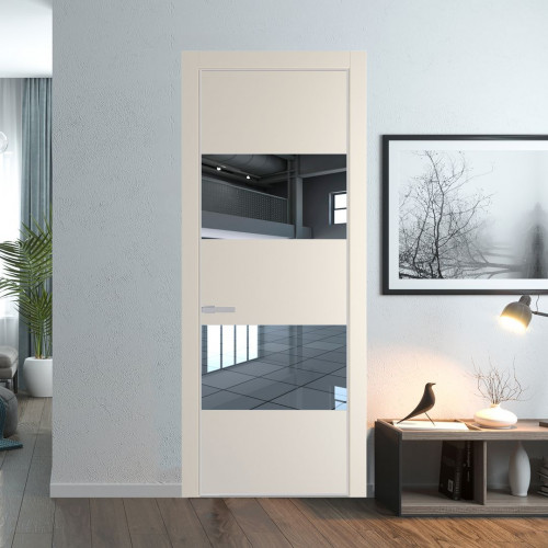 Межкомнатная дверь ProfilDoors 22 PE с вставкой из стекла зеркало Кремовая Магнолия с алюминиевой кромкой Матовая