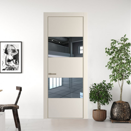 Межкомнатная дверь ProfilDoors 22 PE с вставкой из стекла зеркало Кремовая Магнолия с алюминиевой кромкой Никель