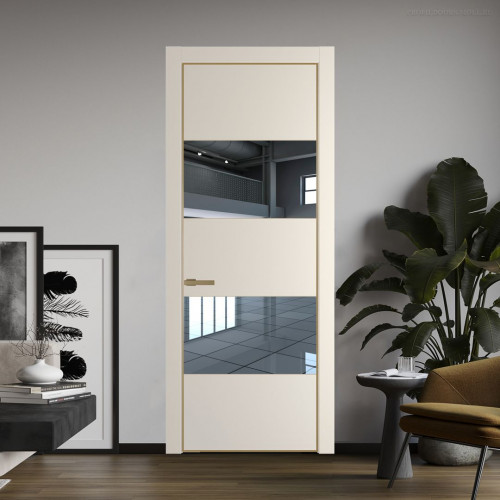 Межкомнатная дверь ProfilDoors 22 PE с вставкой из стекла зеркало Кремовая Магнолия с алюминиевой кромкой Золото