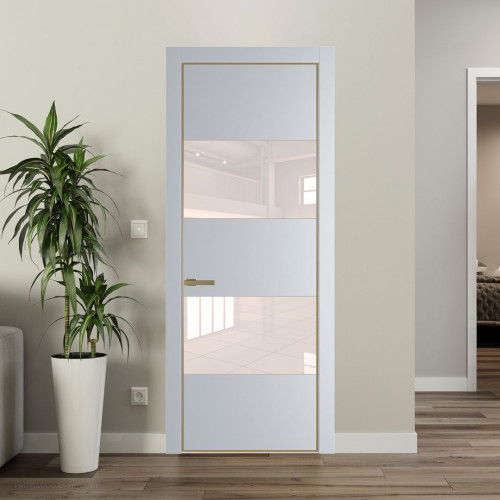 Межкомнатная дверь ProfilDoors 22 PE с вставкой из стекла перламутровый лак Лайт Грей с алюминиевой кромкой Золото