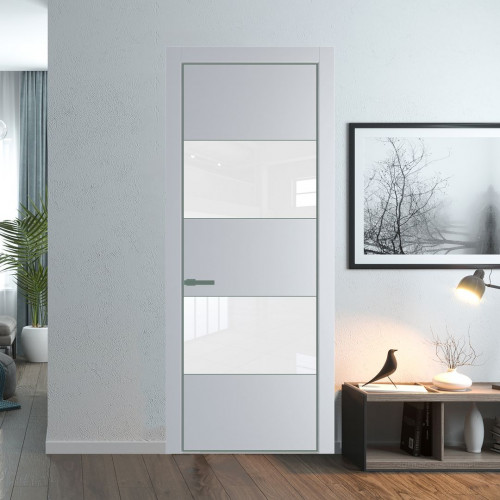 Межкомнатная дверь ProfilDoors 22 PE с вставкой из стекла лак классик Лайт Грей с алюминиевой кромкой Зеленый воск