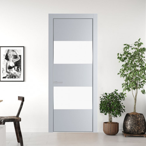 Межкомнатная дверь ProfilDoors 22 PE с вставкой из стекла монохром белый просветленный Лайт Грей с алюминиевой кромкой Серебро