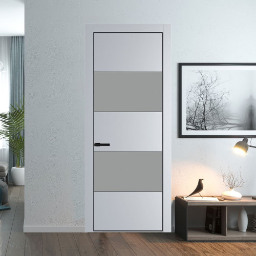 Межкомнатная дверь ProfilDoors 22 PE с вставкой из стекла монохром серый Лайт Грей с алюминиевой кромкой Черный