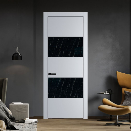 Межкомнатная дверь ProfilDoors 22 PE с вставкой из стекла неро мрамор Лайт Грей с алюминиевой кромкой Черный