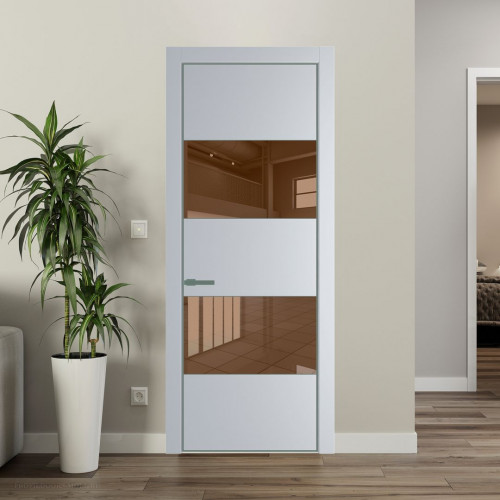 Межкомнатная дверь ProfilDoors 22 PE с вставкой из стекла зеркало bronze Лайт Грей с алюминиевой кромкой Зеленый воск