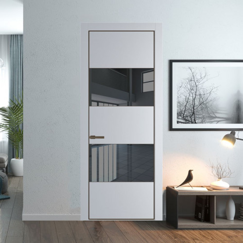 Межкомнатная дверь ProfilDoors 22 PE с вставкой из стекла зеркало grey Лайт Грей с алюминиевой кромкой Деорэ
