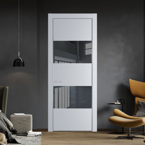 Межкомнатная дверь ProfilDoors 22 PE с вставкой из стекла зеркало grey Лайт Грей с алюминиевой кромкой Серебро