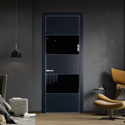 Межкомнатная дверь ProfilDoors 22 PE с вставкой из стекла черный лак Нэви Блу с алюминиевой кромкой Серебро