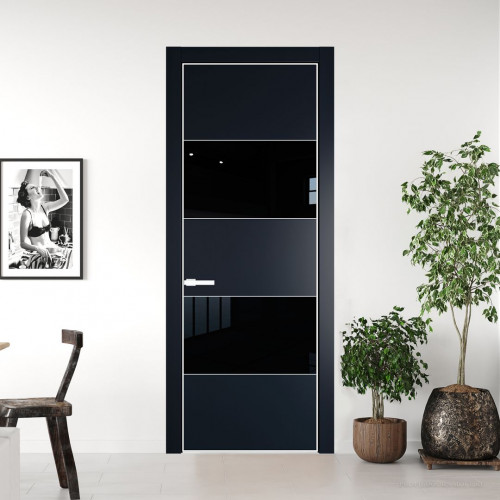 Межкомнатная дверь ProfilDoors 22 PE с вставкой из стекла черный лак Нэви Блу с алюминиевой кромкой Вайт