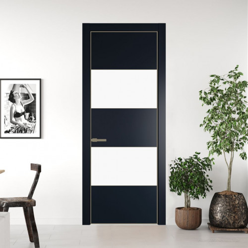 Межкомнатная дверь ProfilDoors 22 PE с вставкой из стекла монохром белый просветленный Нэви Блу с алюминиевой кромкой Шампань