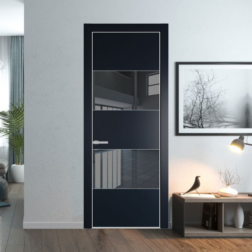 Межкомнатная дверь ProfilDoors 22 PE с вставкой из стекла зеркало grey Нэви Блу с алюминиевой кромкой Матовая