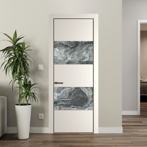 Межкомнатная дверь ProfilDoors 22 PE с вставкой из стекла атриум серебро Перламутр белый с алюминиевой кромкой Деорэ