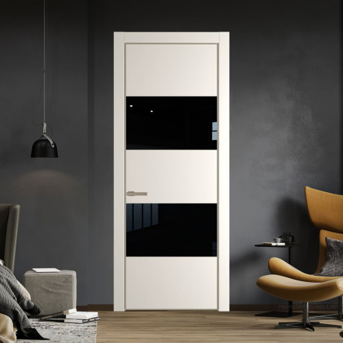 Межкомнатная дверь ProfilDoors 22 PE с вставкой из стекла черный лак Перламутр белый с алюминиевой кромкой Никель