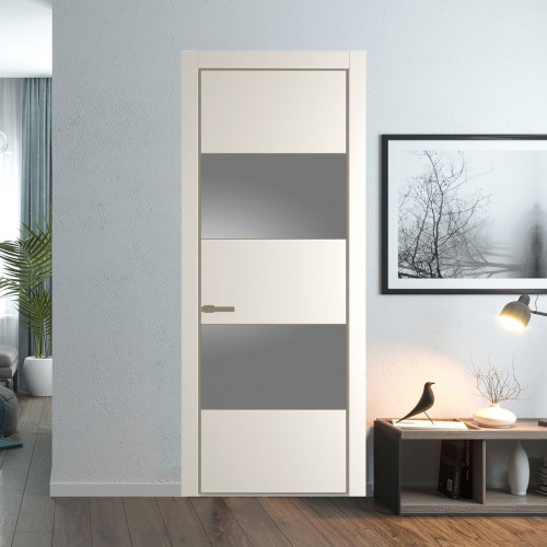 Межкомнатная дверь ProfilDoors 22 PE с вставкой из стекла серебро матлак Перламутр белый с алюминиевой кромкой Шампань
