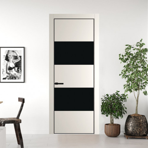 Межкомнатная дверь ProfilDoors 22 PE с вставкой из стекла монохром черный Перламутр белый с алюминиевой кромкой Черный