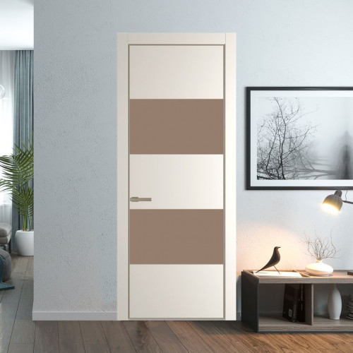 Межкомнатная дверь ProfilDoors 22 PE с вставкой из стекла монохром капучино Перламутр белый с алюминиевой кромкой Никель