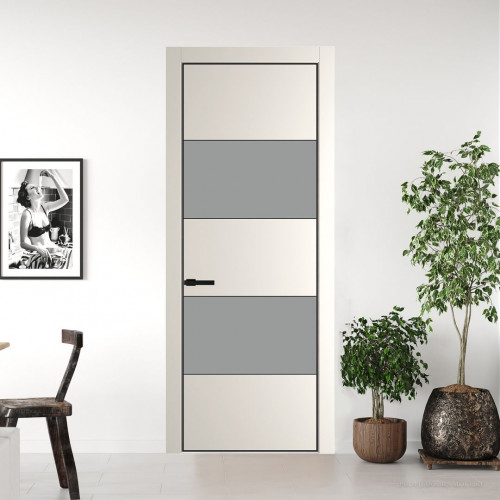 Межкомнатная дверь ProfilDoors 22 PE с вставкой из стекла монохром серый Перламутр белый с алюминиевой кромкой Черный