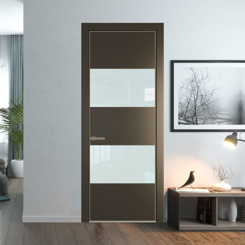 Межкомнатная дверь ProfilDoors 22 PE с вставкой из стекла белый лак Перламутр бронза с алюминиевой кромкой Шампань