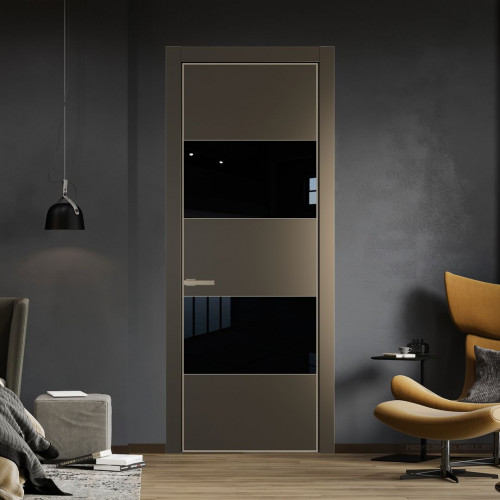 Межкомнатная дверь ProfilDoors 22 PE с вставкой из стекла черный лак Перламутр бронза с алюминиевой кромкой Никель