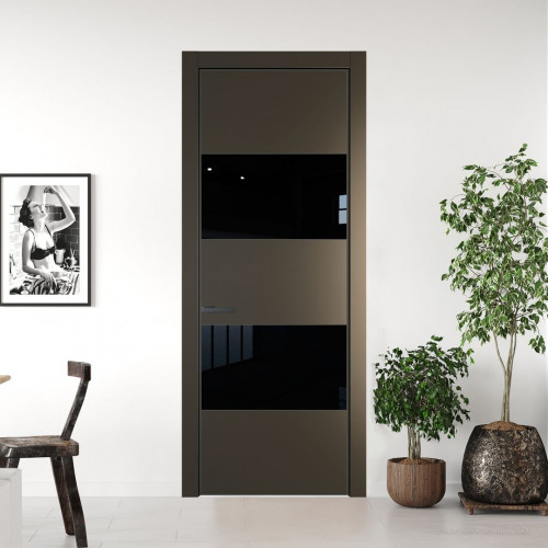 Межкомнатная дверь ProfilDoors 22 PE с вставкой из стекла черный лак Перламутр бронза с алюминиевой кромкой Серая Ночь