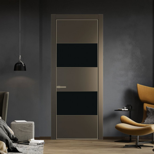 Межкомнатная дверь ProfilDoors 22 PE с вставкой из стекла монохром черный Перламутр бронза с алюминиевой кромкой Шампань