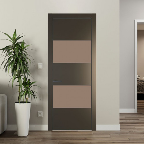 Межкомнатная дверь ProfilDoors 22 PE с вставкой из стекла монохром капучино Перламутр бронза с алюминиевой кромкой Серая Ночь