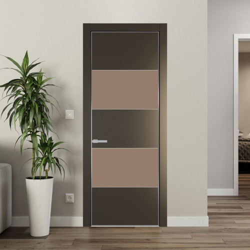 Межкомнатная дверь ProfilDoors 22 PE с вставкой из стекла монохром капучино Перламутр бронза с алюминиевой кромкой Серебро