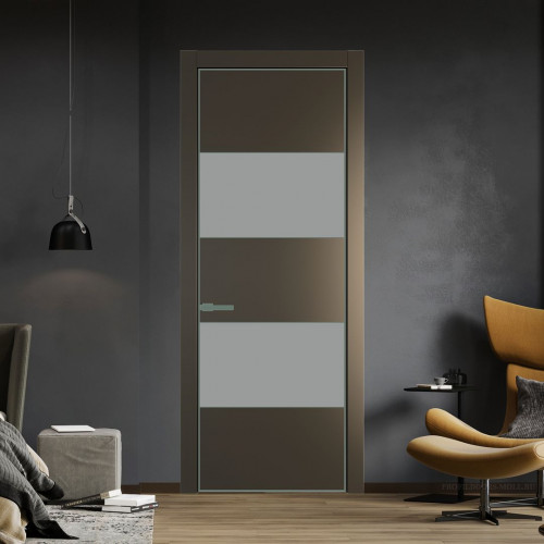 Межкомнатная дверь ProfilDoors 22 PE с вставкой из стекла монохром серый Перламутр бронза с алюминиевой кромкой Зеленый воск