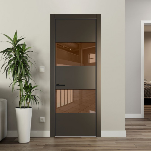 Межкомнатная дверь ProfilDoors 22 PE с вставкой из стекла зеркало bronze Перламутр бронза с алюминиевой кромкой Черный