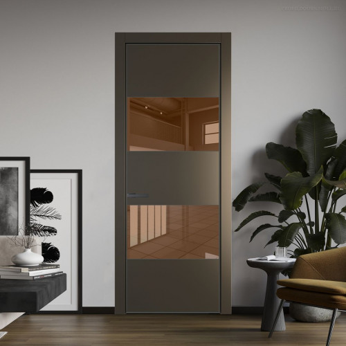 Межкомнатная дверь ProfilDoors 22 PE с вставкой из стекла зеркало bronze Перламутр бронза с алюминиевой кромкой Серая Ночь