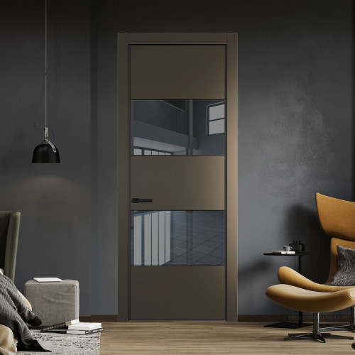 Межкомнатная дверь ProfilDoors 22 PE с вставкой из стекла зеркало grey Перламутр бронза с алюминиевой кромкой Черный