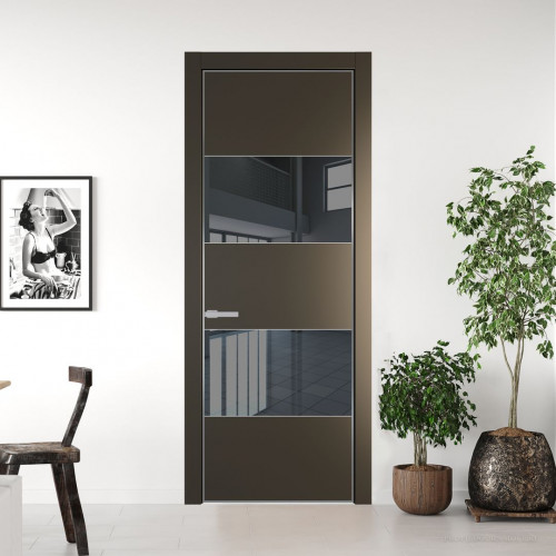 Межкомнатная дверь ProfilDoors 22 PE с вставкой из стекла зеркало grey Перламутр бронза с алюминиевой кромкой Серебро