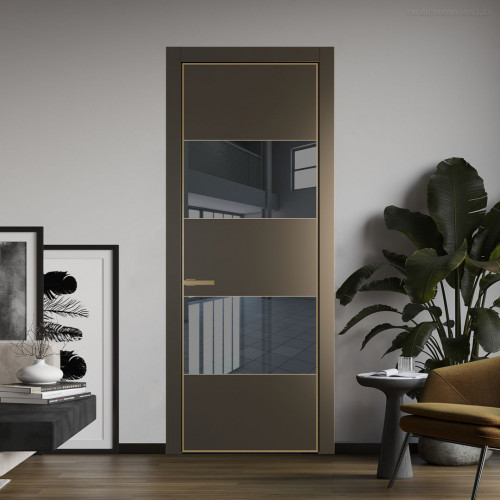 Межкомнатная дверь ProfilDoors 22 PE с вставкой из стекла зеркало grey Перламутр бронза с алюминиевой кромкой Золото
