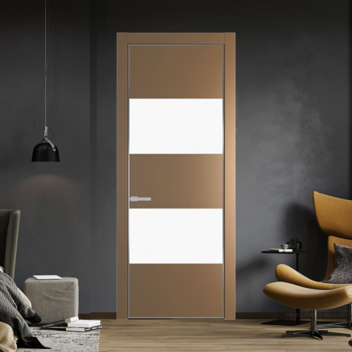 Межкомнатная дверь ProfilDoors 22 PE с вставкой из стекла монохром белый просветленный Перламутр золото с алюминиевой кромкой Серебро